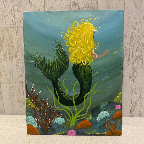 Mermaid Hand Crafted painting 11 x 14“ canvas board w acrylics wall art nautical - Picture 6 of 8